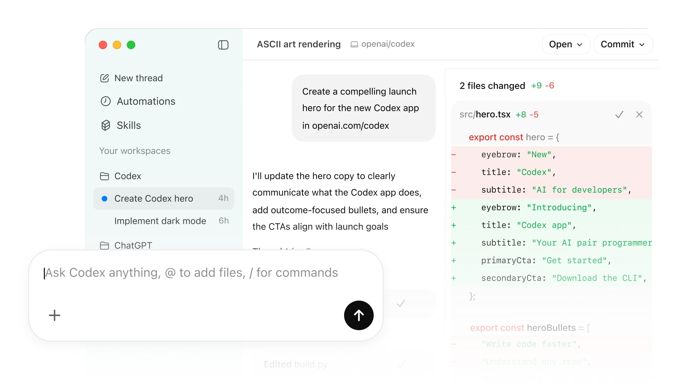 Codex app showing a coding task and its proposed changes